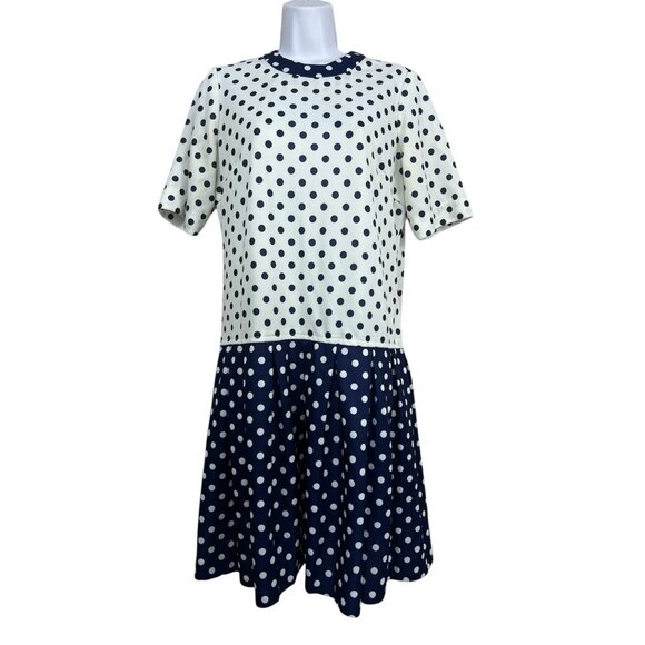 Vintage 60s 70s Mod Polka Dot Drop Waist Dress Sz M Navy Blue White Twiggy USA - Picture 1 of 8